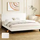 Oikiture Bed Frame Queen Size Bed Platform White Boucle