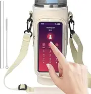 Water Bottle Holder with Glass Straw & Brush, Bottle Carrier Bag with Visual Phone Pocket, Adjustable Shoulder Strap Hand Sling Water Bottle Pouch, Cup Sleeve Compatible with Stanley 40oz Tumbler (WH)