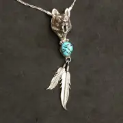 Wolf Head Turquoise Pendant Necklace by RB Sterling Silver 432