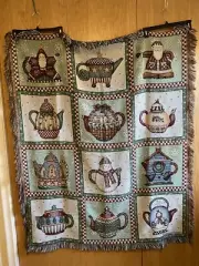 NWT Christmas Teapots Acrylic Throw or Afghan by Debbie Mumm, Made in USA