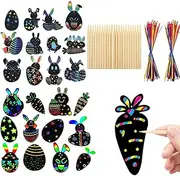 Pack of 24 Scratch Pictures, Easter Scratch Pictures, Easter Egg Bunny Chick Shape with Ribbons Scratch Pen, Magic Colourful Rainbow Scratch Paper Card Scratch Crafts
