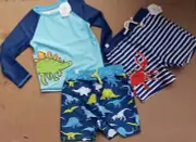 Mud Pie Dino Rash Guard Swim Set UPF / Bonus Shorts Crab Applique Trunk 2T/3T