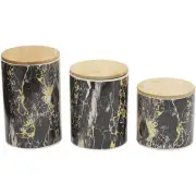 Home Basics 3 Piece Ceramic Canister Set with Bamboo Lids, Marble Black