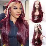 Xiweiya wigs blonde mixed color long body wave lace front wig with heat resistant fiber glueless half hand tied wine red color natural wavy synthetic wigs for women,drag queen