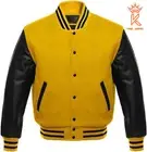 Lettermen Bomber Baseball Yellow Wool Varsity Jacket With Black Leather Sleeves