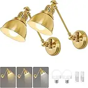 GOODATE Battery Operated Wall Sconces Set of Two, Gold Vintage Wireless Wall Lights Rechargeable Wall Sconce with Remote, 15 Colors Modes, Swing Arm Wall Lamps for Bedroom Living Room