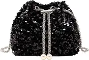 DiiWmme Bucket Bag for Women Sparkly Black Clutch Bag with Drawstring Detachable Chain Strap Elegant Shoulder Handbag Crossbag for Wedding Party Evening Bag for Girls Ladies