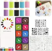 Sponge Finger Painting Kit, Finger Sponge Daubers, Finger Daubers Kit with 20 Colors Inkpad, 4/5 PCS Stencils and 10 PCS Finger Painting Sponge (D)