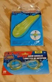 Splash N Swim 2 Pc Swim Pool Green Inflatable Kickboard and Green Goggles