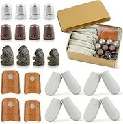 20 Pcs Sewing Thimble with Storage Box, Finger Protector, Finger Tips, Leather Thimble, Adjustable Metal Sewing (21pcs Set)
