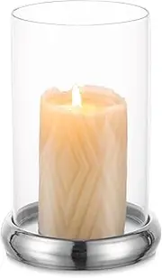 [Sziqiqi] Hurricane Candle Holder - Clear Glass Pillar Candle Holder Cylinder Lantern with Metal Tray for Mantel Fireplace Coffee Dining Table Decorative Table Centrepieces for Christmas Wedding, Silver