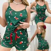 Women Lingerie Pajama Set Short PJ Set V Neck Sleepwear Nightwear Christmas S~XL