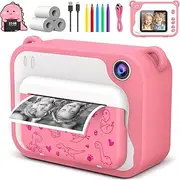 Usteetic Kids Camera Instant Print 1080p Instant Camera for Kids Aged 3-12 Ink Free Printing Dinosaur Toddler Camera Christmas Birthday Gifts for Boys Girls 3 4 5 6 9 8 9 10 11 12 Years Old (Pink)