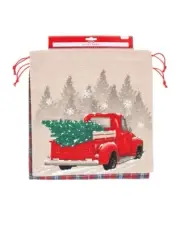 Holiday Time Burlap Fabric Drawstring Gift Bag 2 pk Vintage Red Pickup Truck