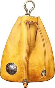 [Generic] Small Cowhide Leather Wallet, Vintage Coin Purse Made of Genuine Leather with Drawstring, Coin Organiser, Small Purse for Men and Women, Yellow, Siehe Beschreibung, See description