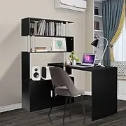 Luxsuite L Shaped Computer Desk Rotating Corner Desk Study Home Office Writing Table 3 Bookshelf & 2 Cabinet Black