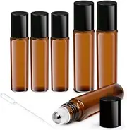Ljxyloog 6 Pack Roll on Bottles, 5ml/10ml roller bottles for essential oils, Amber Thick Glass Roller Bottles for Oils, with Stainless Steel Roller Balls, 2 Droppers