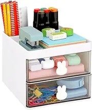 LETURE Small Desk Organizer With Drawer, Office Desktop Storage Box, Business Card/Pen/Pencil/Mobile Phone/Stationery Holder Storage Box, Makeup Organizer for Office School Home (White)