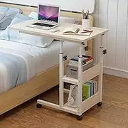 Overbed Table with Wheels, Bedside Table Mobile StandingTable Portable Rolling Desk Manual Lifting Desk,Laptop Stand, Computer Cart,for Home Hospital(Beige,80cm)