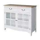 Hamptons 2 Drawers Glass Sideboard Buffet Cabinet in White with Natural Top