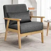 ALFORDSON Wooden Armchair High Back Accent Chair with Solid Wood Frame Wooden Armrest with Pillow, Linen Fabric Upholstery Cushion Lounge Sofa for Reading Bedroom Living Room, 180KG, Dark Grey