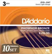D'Addario Acoustic Guitar Strings Phosphor Bronze Extra Light .010-.047 EJ15-3D
