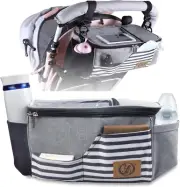 Pram Organiser with Cup Holder,Shoulder Strap and Storage Space for Nappies and