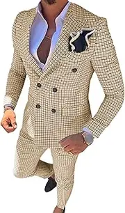 [JEShifangjiusu] Men - Casual Slim Plaid 2 Piece Suit Square Collar Blazer Tuxedo Sports Jacket Pants, khaki, XXL
