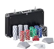 Relaxdays 10031552 poker case, 300 poker chips without value, 2 card decks, 5 dice, dealer button, lockable, aluminium, black
