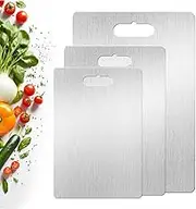 3Pcs Stainless Steel Cutting Board Set, 100% Pure SUS304, Non-Slip & Dishwasher Safe, Anti-Bacterial Double Side Kitchen Chopping Boards for Meat, Vegetables, Fruits (Small/Medium/Large)