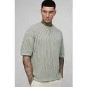 Mens Sage Tall Oversized Boxy Zig Zag Crochet T-Shirt