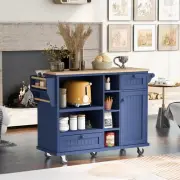 Dark Blue Rolling Kitchen Island Cart with Rubber Wood Top and Microwave Cabinet