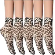 [changyexi] 5 Pairs Women's Sheer Leopard Print Ankle Socks, Fashion Cheetah Pattern, Leopard, One Size