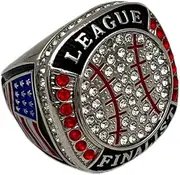 Discount Sports Rings BALL LEAGUE FINALIST RING — SILVER BODY, CLEAR STONES, RED LACES Item 5-31, Clear,Silver, Non-Precious Metal, Quartzite