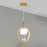 TONFON Ring Wooden Chandelier with White Glass Lampshade, Creative Bedside Pendant Light Round Decorative Hanging Light for Kitchen Island Living Room Bedroom Bedside Dining Room Hallway