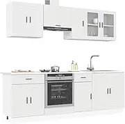 8 Piece White Kalmar Kitchen Cabinet Set with Adjustable Feet, Engineered Wood for Pantry Storage - Includes Base & Wall Cabinets with Glass Doors