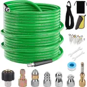 14 PCS Set Green 50 FT Sewer Jetter Kit for Pressure Washer 5800PSI Drain Cleaner Hose 1/4 Inch NPT Corner Rotating and Button Nose