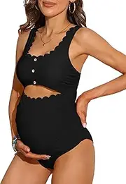 [Charmo] Maternity One Piece Swimsuit Scalloped Cut Out Ruched High Waisted Scoop Neck Pregnancy Bathing Suit