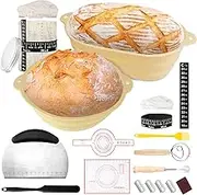Sourdough Starter Kit Bread Baking Supplies, Bread Proofing Basket Set of 2 Round and Oval - 30Oz Jar (1000ml Glass) & Two Silicone Baskets, Sour Dough Kit Tools, Premium Baking Tools