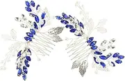 Ipetboom 2 pcs Blue Rhinestone Leaf Hair Comb Elegant Bridal Hair Side Combs for Weddings Chic Design
