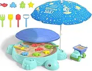Turtle Sandbox for Kids Sensory Activity Sandbox Summer Outdoor Toys with Umbrella Blue & Blue