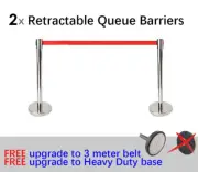 2x 3m Retractable Queue Crowd Barriers Crowd Control (Silver Pole & Red Belt)