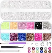 Glarks 4403pcs Rhinestone Gems and Flat Back Pearl Set, 2MM 3MM 4MM 5MM Clear-White Flat Back Gems Crystal Rhinestones, 3MM Flatback Pearl Half Pearl Half Round Flat Back Pearl with 3pcs Tools