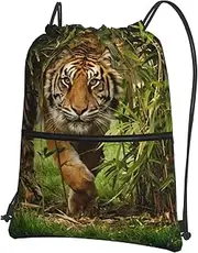 EdWal Tiger In The Jungle Print Drawstring Backpack Gym Bags Sports Bags With Zipper Pocket For Travel Beach, Black, One Size