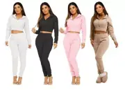 ID Womens Crop Set Tracksuit Zipped Hooded Long Sleeve Top Trouser Co Ord Hoodie