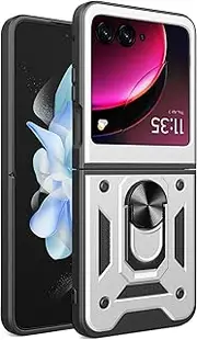 [Kukoufey] Compatible with Motorola Razr+ 2023 Bracket Shell,with Slide Camera Lens Cover Compatible with Motorola RAZR 40 Ultra 5G 4th gen 2023 XT2321-1 XT2321-2 XT2321-3 XT2321-5 Case Silver