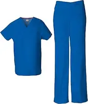 [Dickies] EDS Signature Unisex Scrubs Set 83706 Tuckable V-Neck Top & 83006 Drawstring Pant, Royal-L Top/L Pant, White, Large Top / Medium Pant