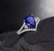 Engagement Jewelry Ring 2.41CT Pear Shape Real Sapphire 14K White Gold Finish