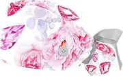 [WOSHJIUK] Working Hat 2 Pack Scrub Caps for Women,Pink Diamond with Roses,Tie Back Cap Adjustable Scrub Hat