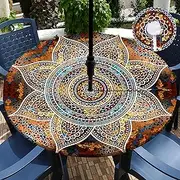 Outdoor Tablecloth with Umbrella Hole Waterproof Round Fitted Tablecloth with Elastic Zippered Wipeable Table Cloth Round Cover for Picnic, Patio,Garden (Brown, S-(36''-44''))